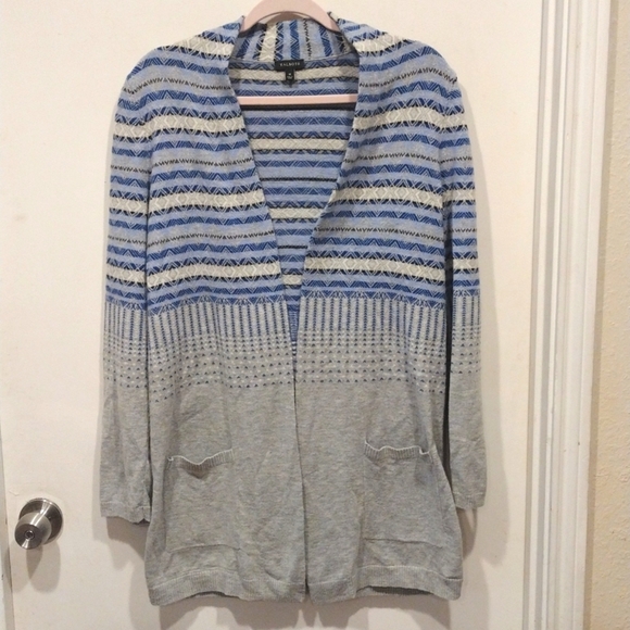 Talbots Long Open Front Fair Isle Stripe Lamb's Wool Blend Cardigan Sweater Sz M - Picture 1 of 6